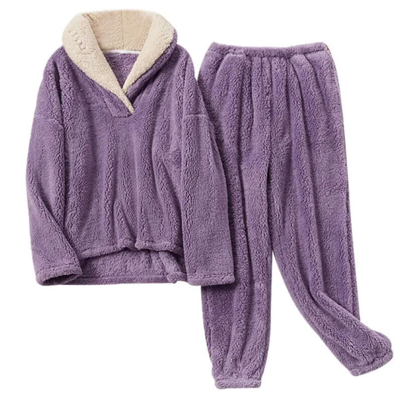 Cozy women's fleece pajama set, ultra-soft sleepwear & warm loungewear in red, gray, or purple colors.
