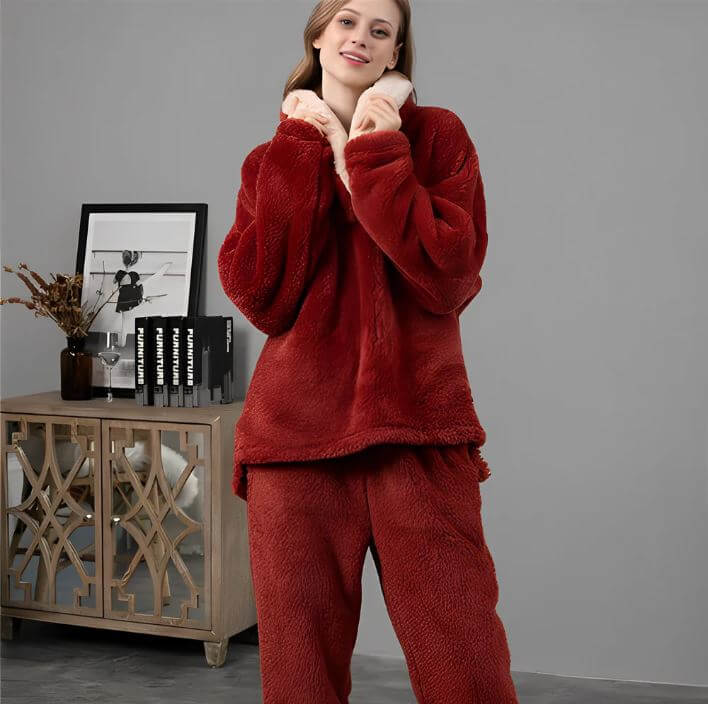 Red women's fleece pajama set, warm and soft loungewear, cozy sleepwear for ultimate comfort and winter nights.