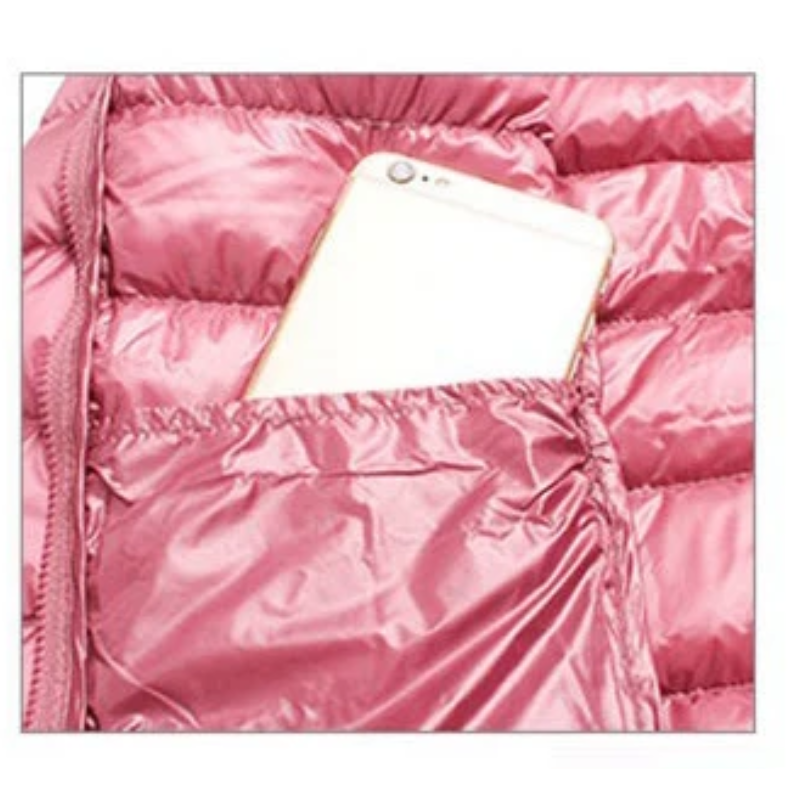 Women's ultralight foldable puffer jacket with hood, essential winter outerwear for travel.