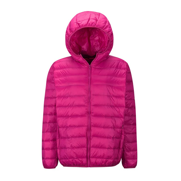Versatile women's ultralight hooded puffer jacket for casual wear, travel, and activities.