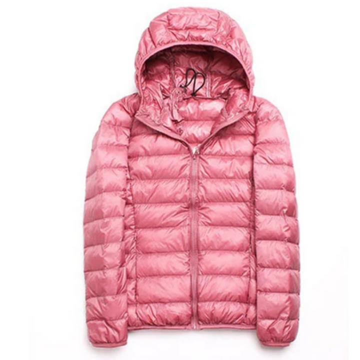 Ultralight hooded puffer jacket for women, easily stored in its included travel pouch.
