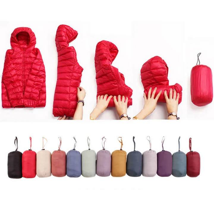 Packable women's ultralight hooded puffer jacket, perfect for travel essentials & cold weather.