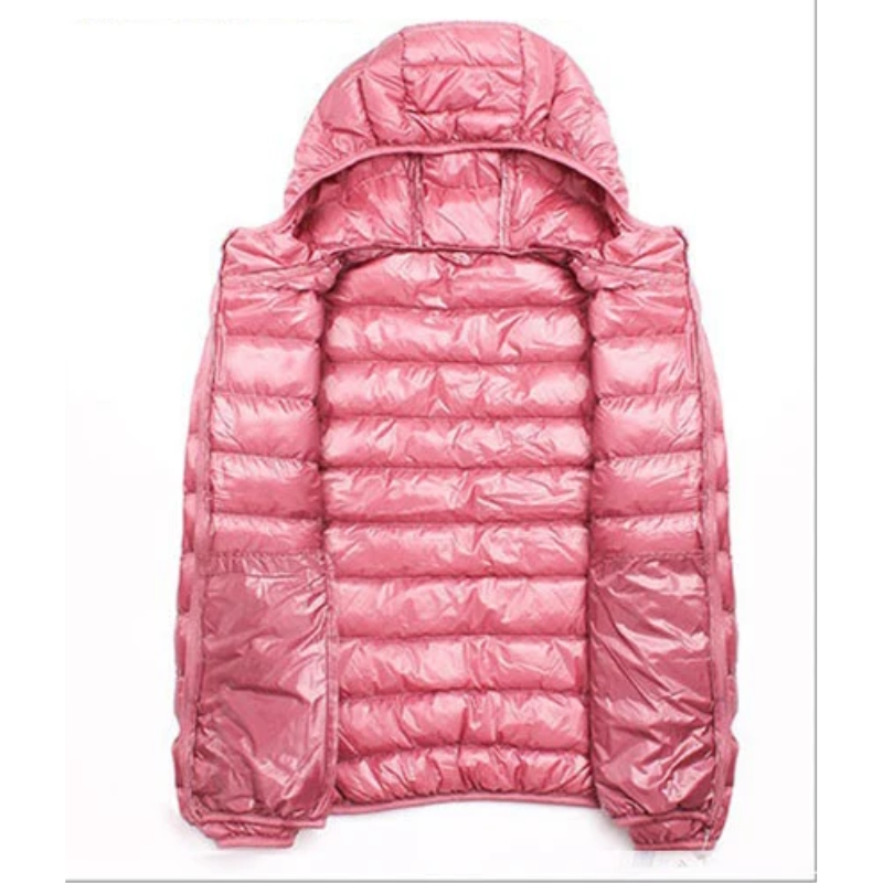 Front view of a women's ultralight foldable puffer jacket, featuring a full zipper & hood.