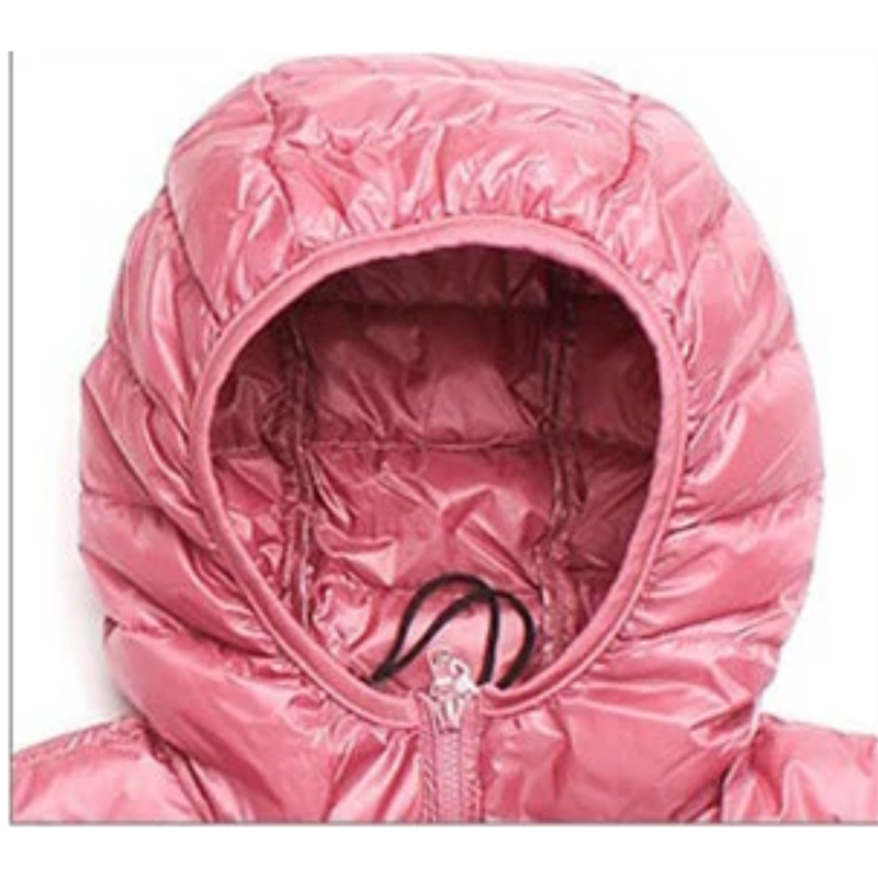 Women's ultralight hooded puffer jacket displayed on a mannequin, showcasing its design.