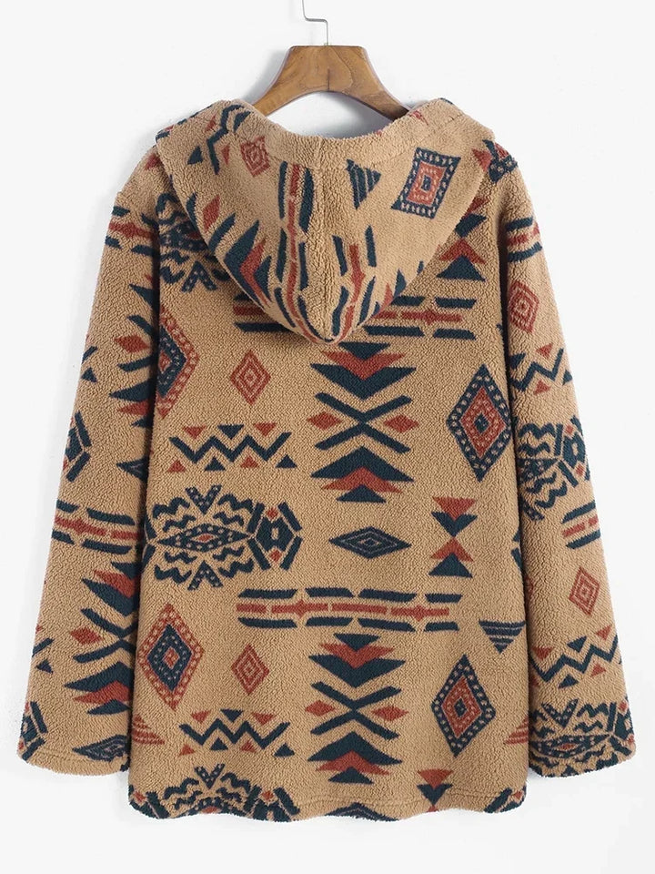 Boho chic women's jacket, a unique vintage Aztec print statement piece.