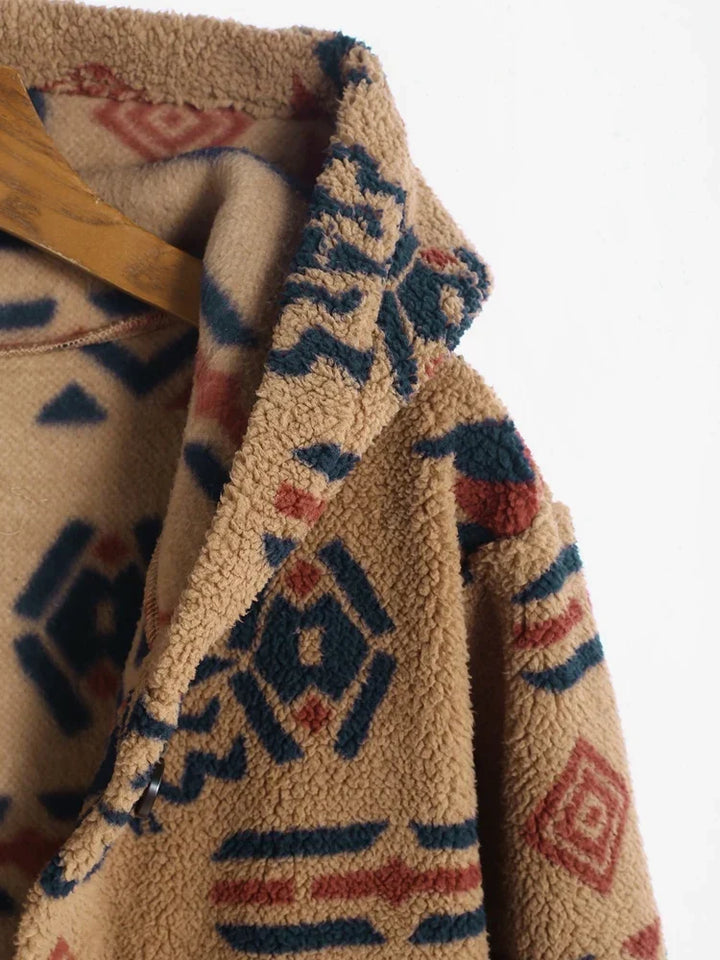 Fall fashion women's jacket with unique vintage Aztec print for stylish casual wear.