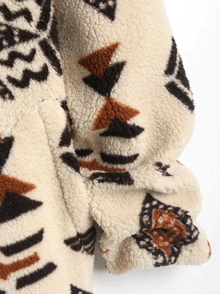 Comfortable women's jacket with striking vintage Aztec print design, unique and stylish.