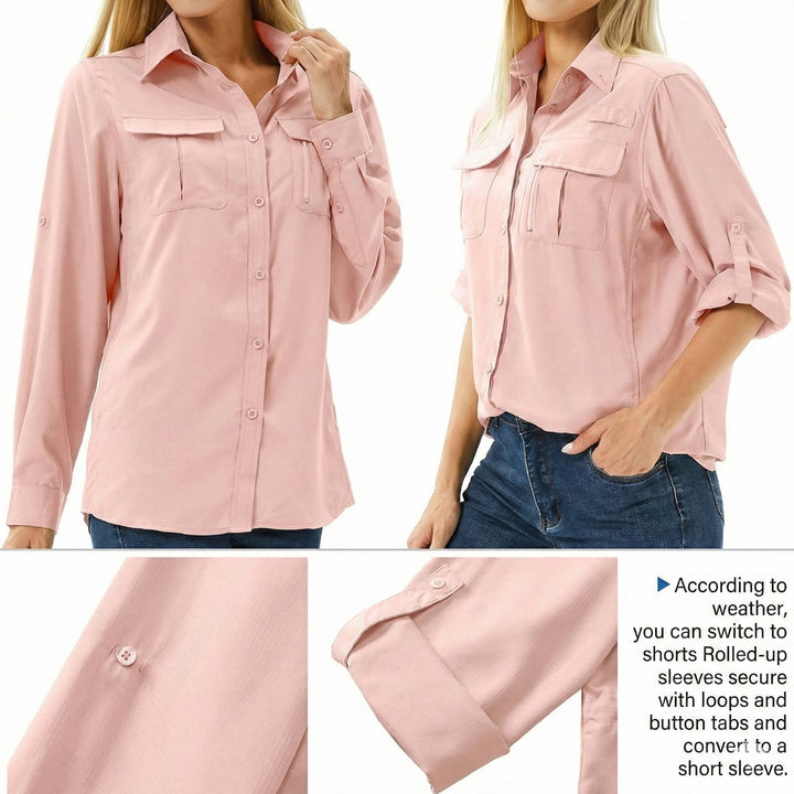 Durable women's long sleeve outdoor hiking shirt, ideal for active adventures & trail exploration.