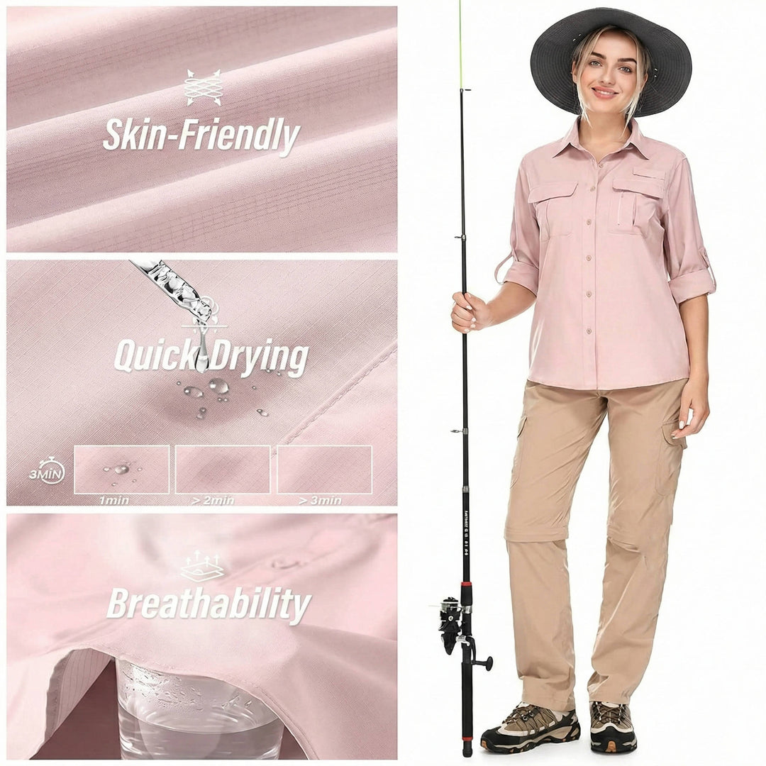 Breathable women's long sleeve UPF 50 shirt, offering comfort & sun protection for hiking & travel.
