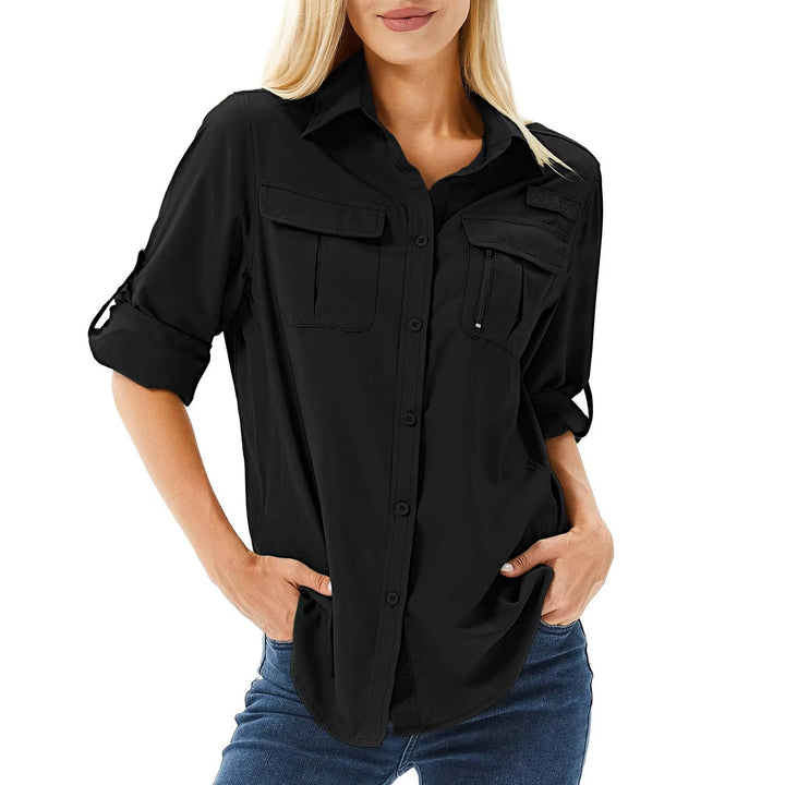 Lightweight women's UPF 50 long sleeve shirt, providing breathable sun protection for outdoor treks.