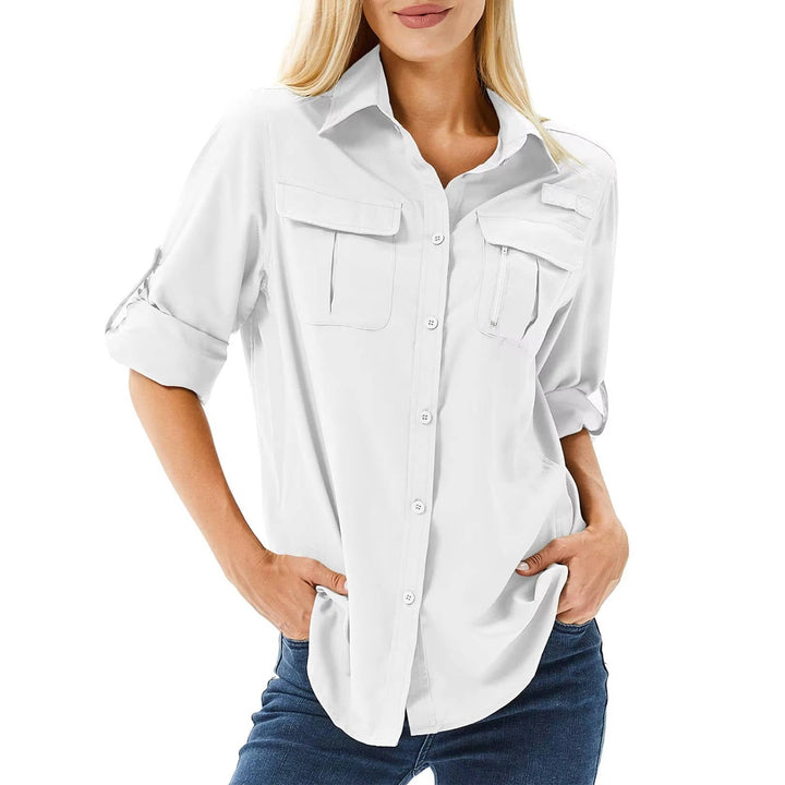 Women's long sleeve UPF 50 hiking shirt for ultimate sun protection, breathability, & outdoor fun.