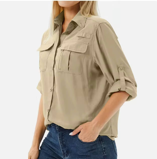 Comfortable women's UPF 50 long sleeve travel shirt, perfect for sun protection on any adventure.