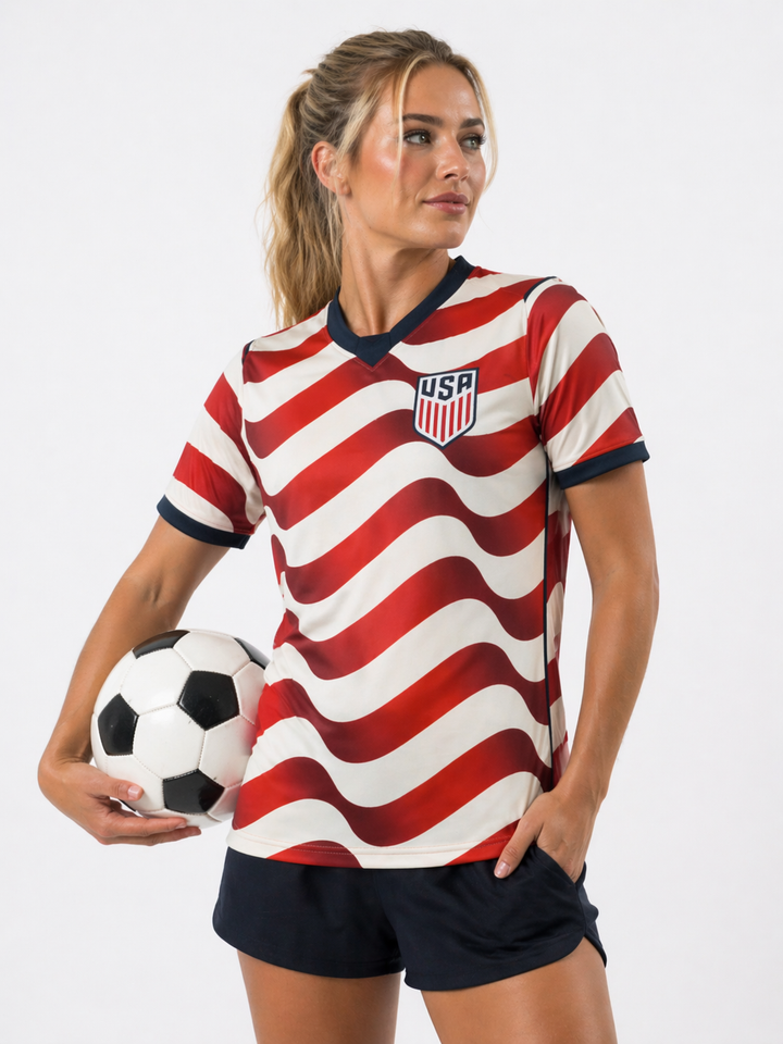 Women's USA Soccer Jersey, World Cup 2026 Edition. Team USA fanwear sports top for athletic women.
