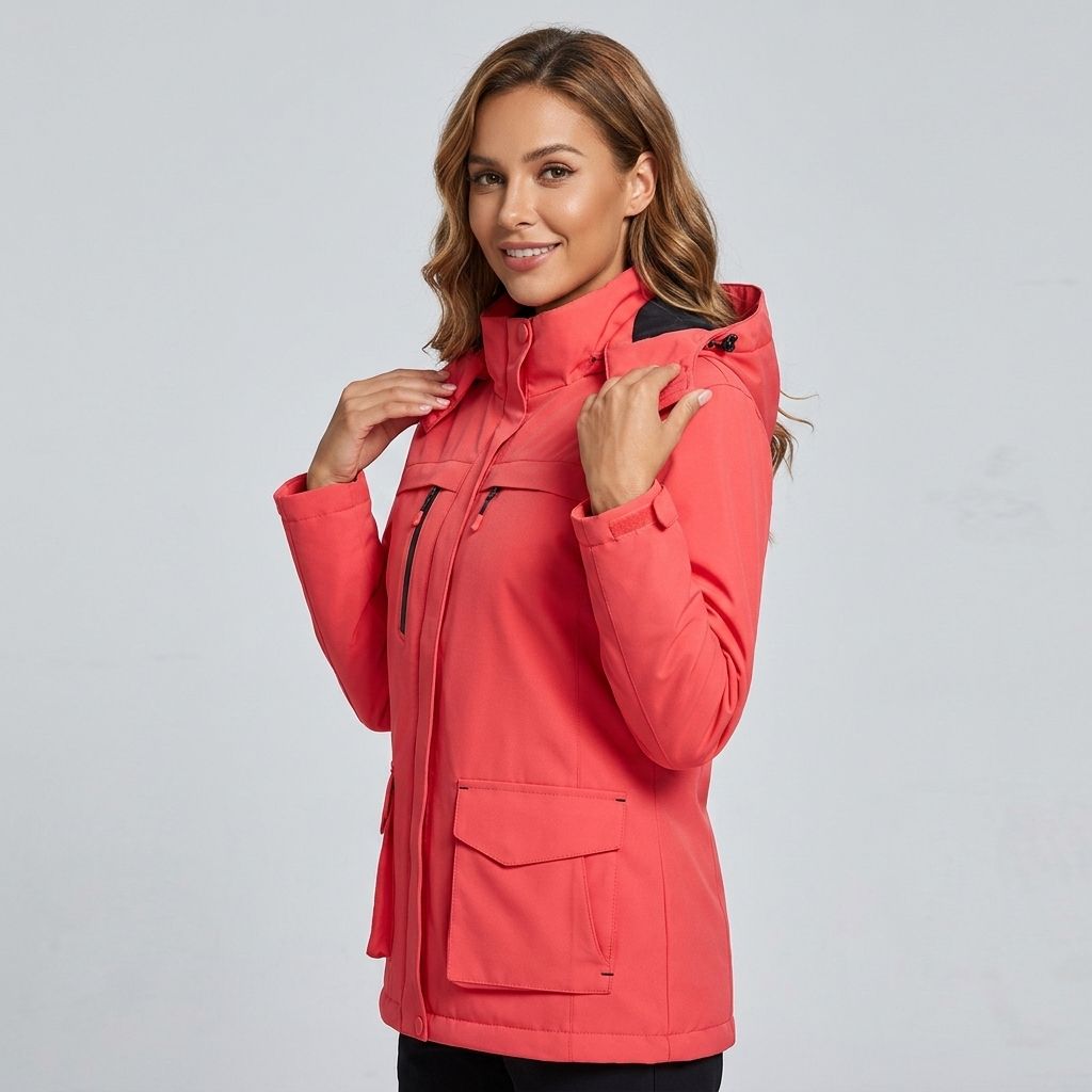 Women's USB heated jacket with detachable hood and core warming zones for ultimate winter warmth.