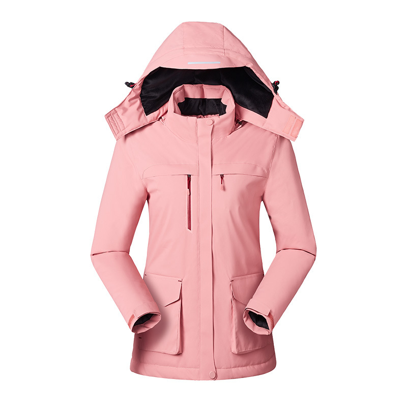 Stylish women's hooded heated jacket, full zip design, offering adjustable warmth for any outdoor activity.