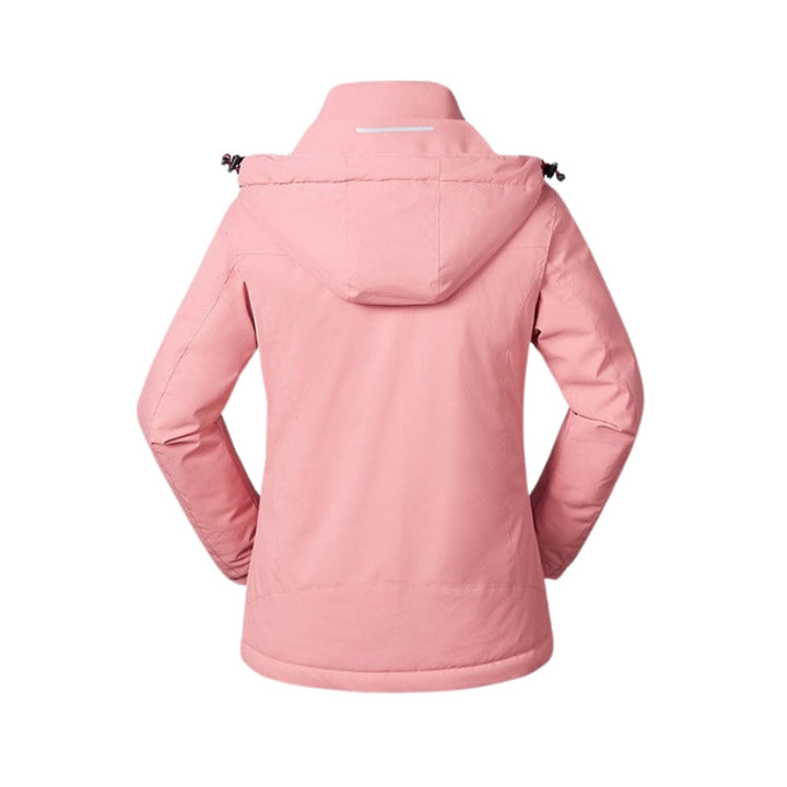 Women's USB heated jacket with detachable hood, full zip, and core warming tech for versatile winter wear.