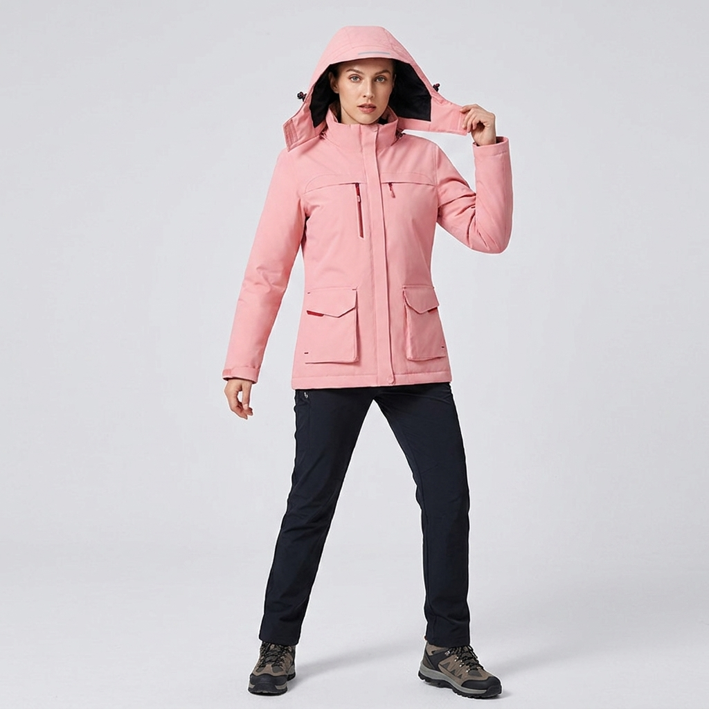 Adventure-ready women's heated jacket, USB powered, providing essential warmth for extreme cold weather.