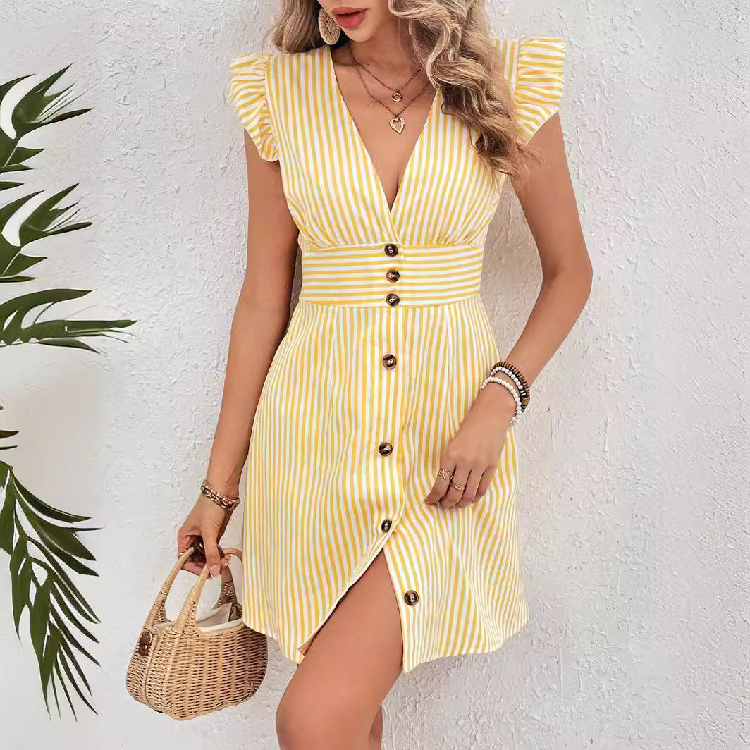 Women's V-neck A-line dress with ruffle cap sleeves & button front, perfect for summer casual wear.