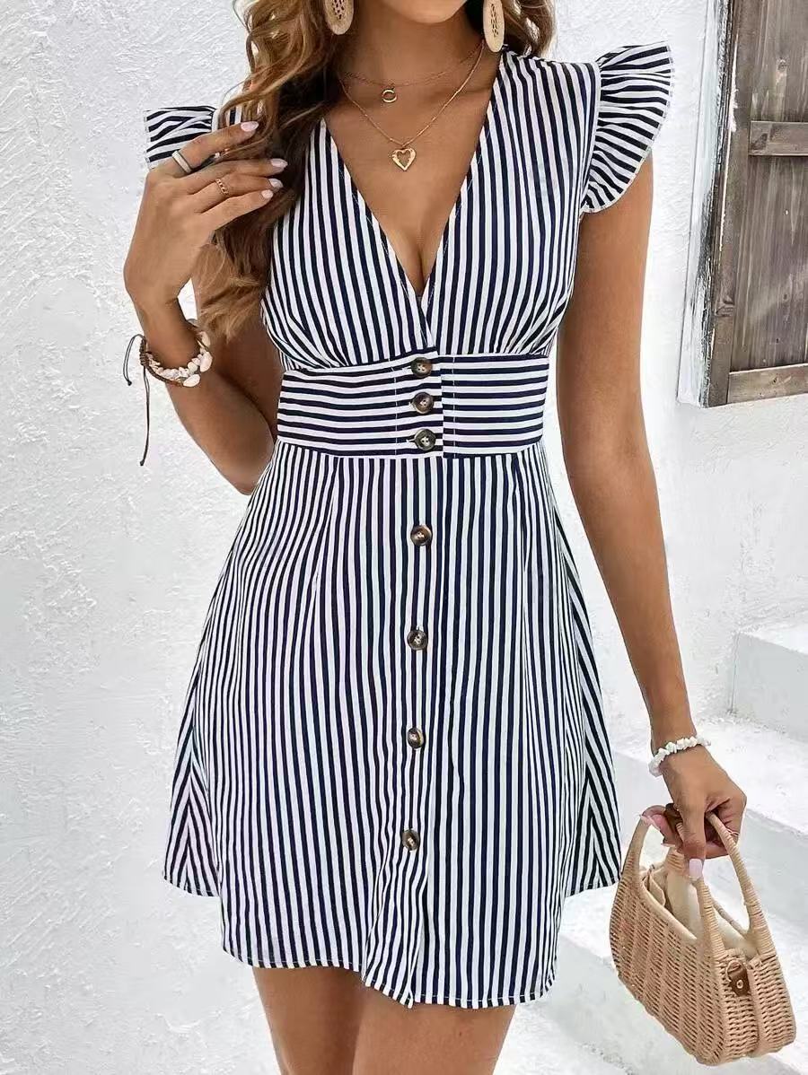 Striped women's A-line dress: V-neck, ruffle cap sleeves, button front. A stylish and versatile summer look.