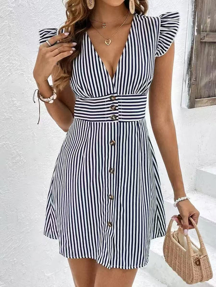 Striped women's A-line dress: V-neck, ruffle cap sleeves, button front. A stylish and versatile summer look.