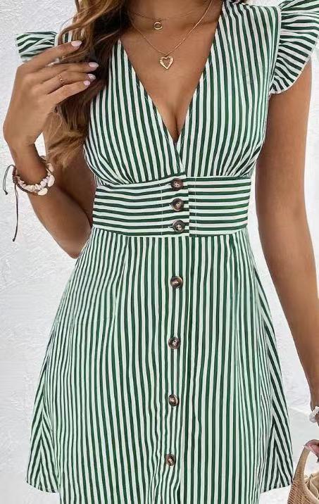 Fashionable V-neck A-line dress for women, featuring ruffle cap sleeves and a complete button front design.