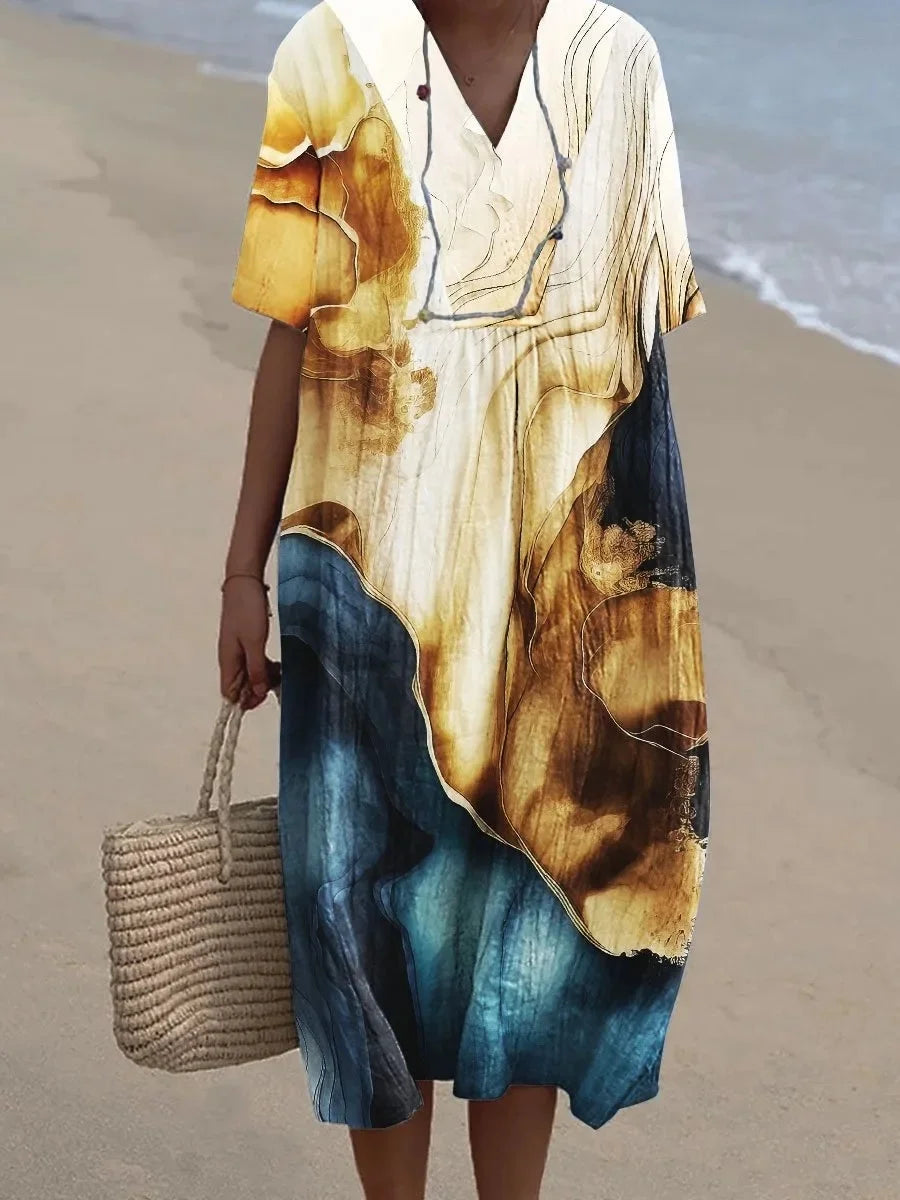 Stylish women's V-neck floral midi dress, perfect for summer beach days, casual wear, and vacation fashion.