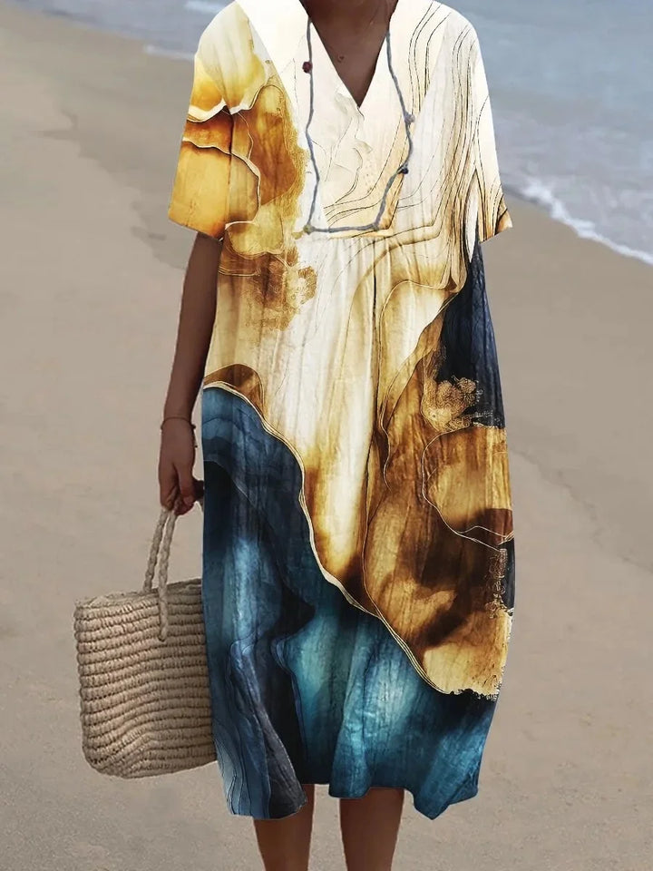 Stylish women's V-neck floral midi dress, perfect for summer beach days, casual wear, and vacation fashion.