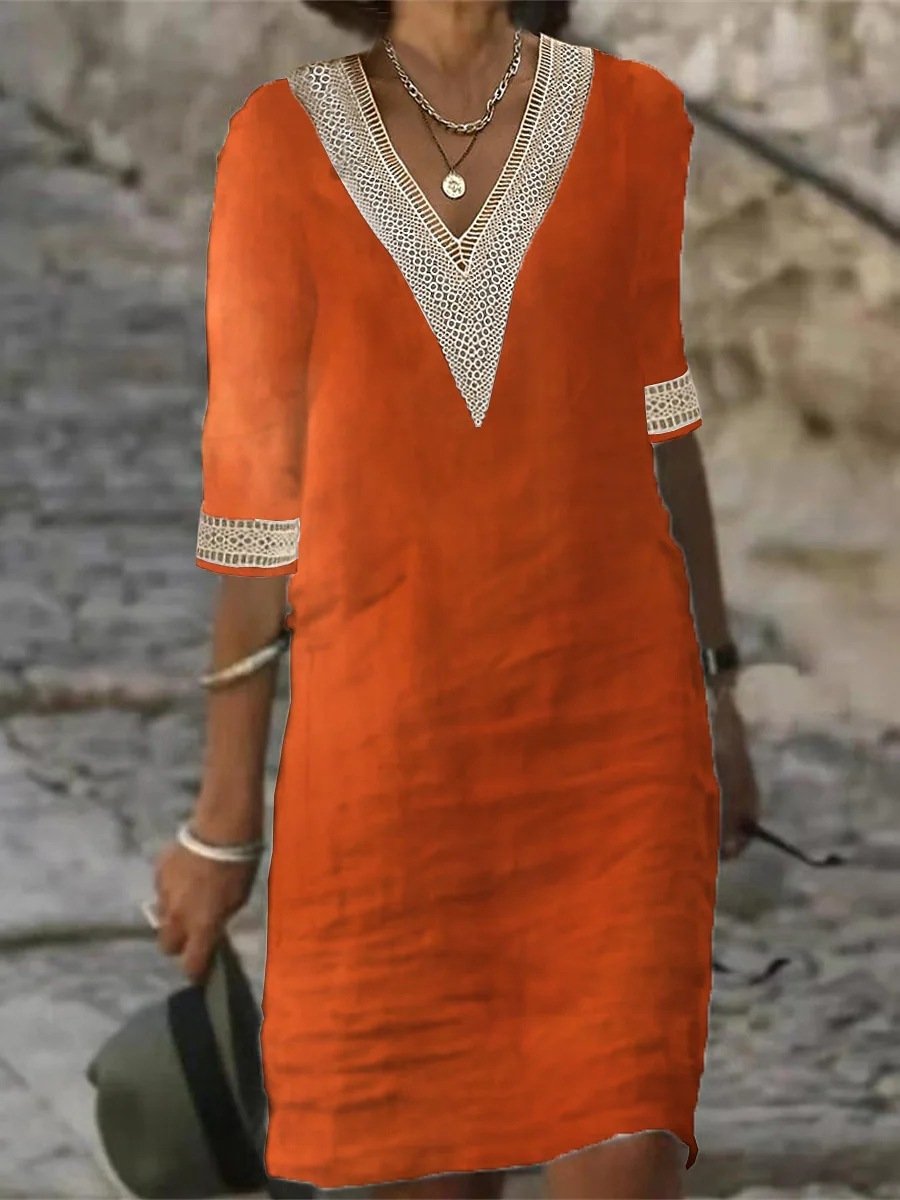 Women's V-Neck Lace Trim Midi Dress with 3/4 Sleeves, comfortable relaxed fit for everyday wear.