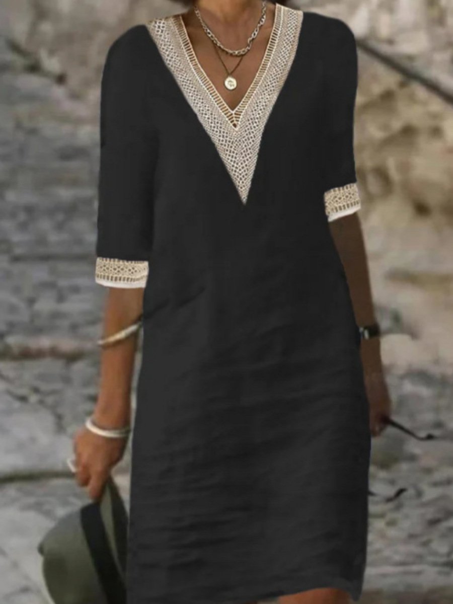 Comfortable women's apparel: V-neck midi dress with flowy design, lace details, and 3/4 length sleeves.