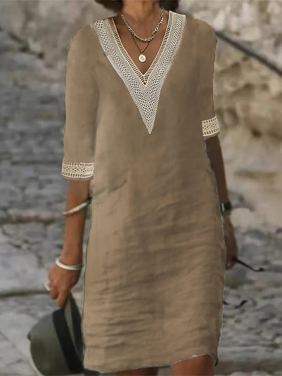 Stylish women's V-Neck Lace Trim Midi Dress, 3/4 sleeves. A comfortable & fashionable addition to wardrobe.