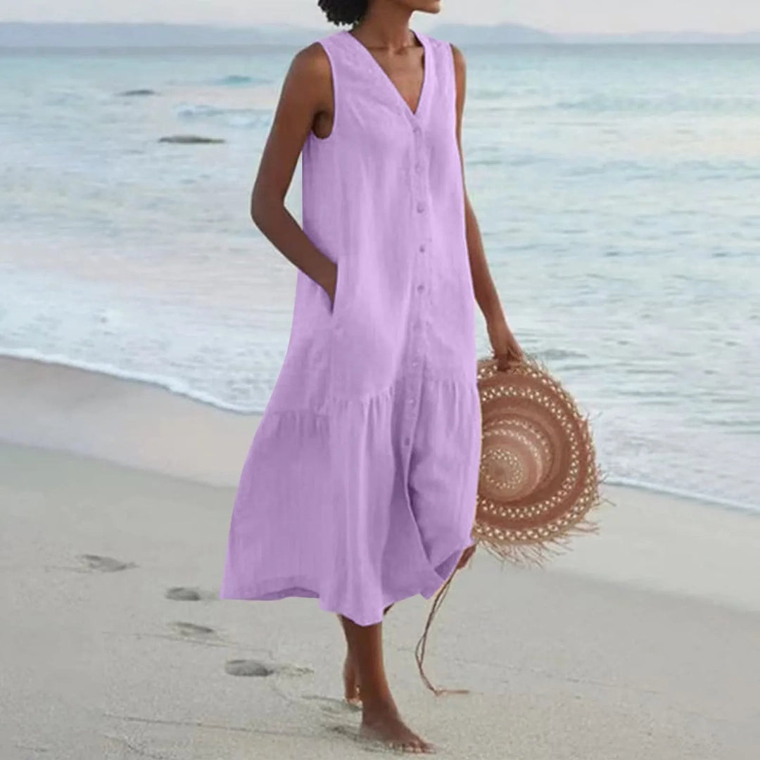 Stylish Elara V-neck summer dress for women. Versatile for casual wear or party. Flowy midi length.