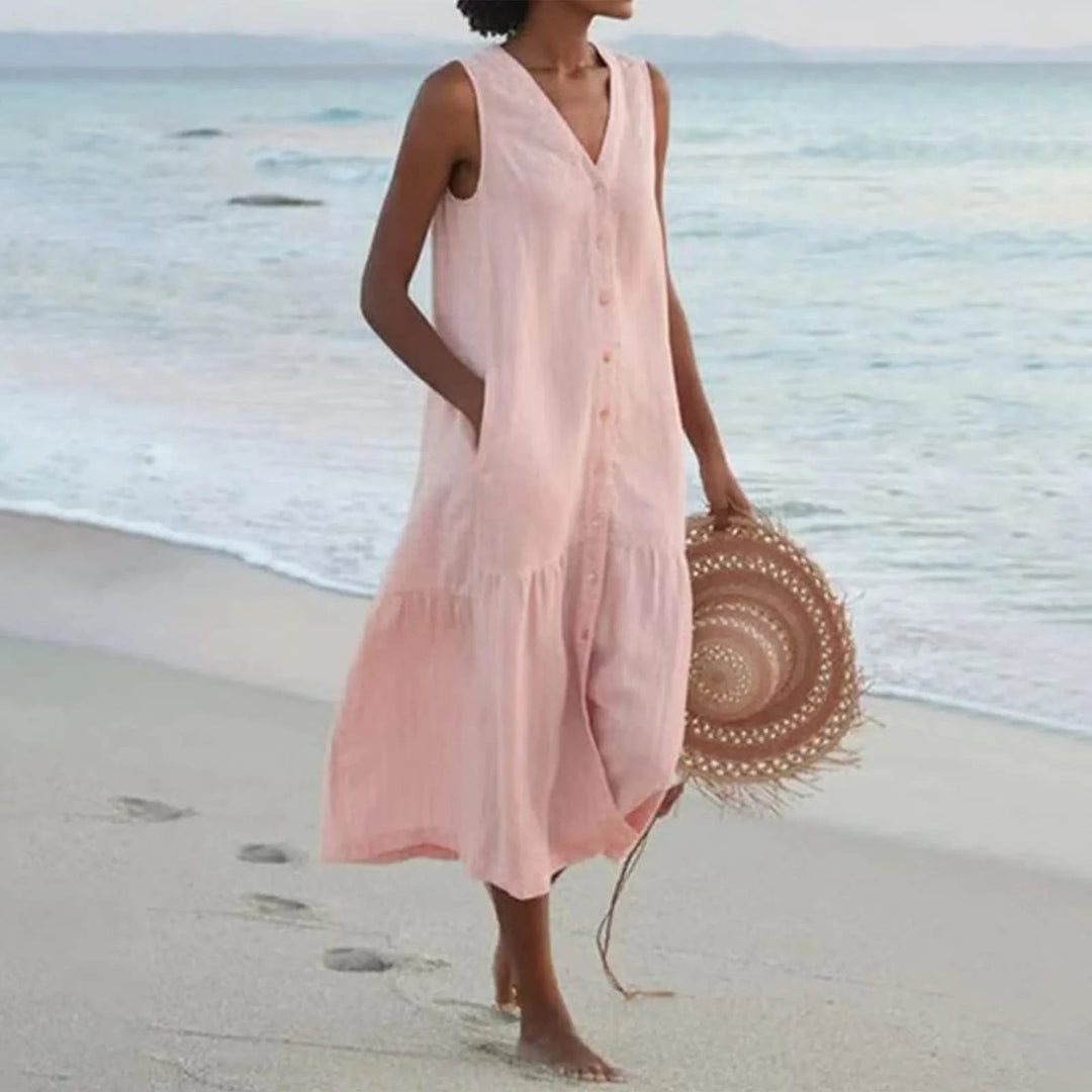 Comfortable women's linen V-neck midi dress, perfect for spring and summer. Effortless flowy style.