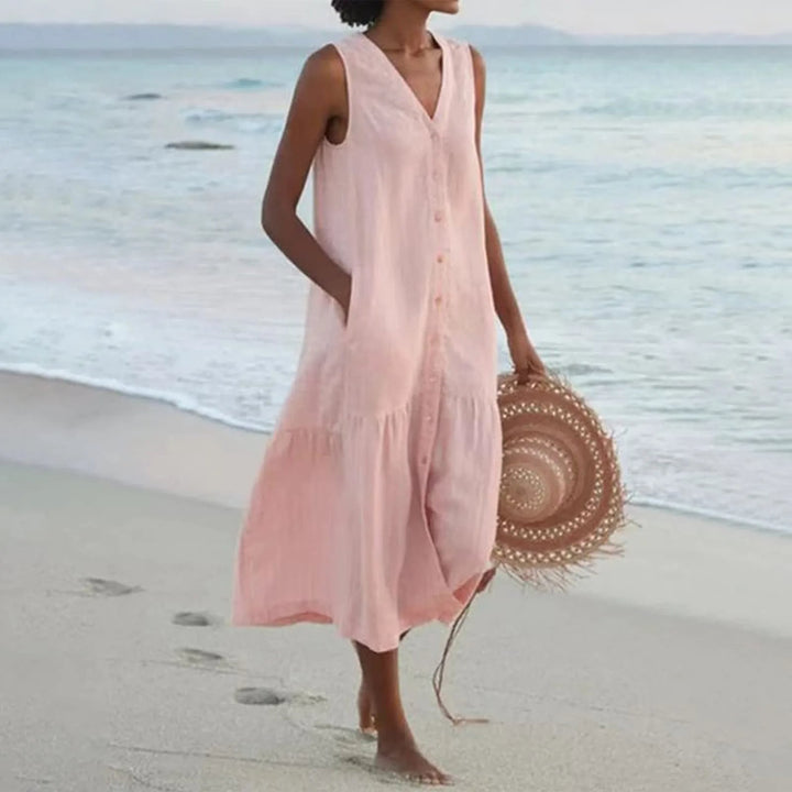 Comfortable women's linen V-neck midi dress, perfect for spring and summer. Effortless flowy style.