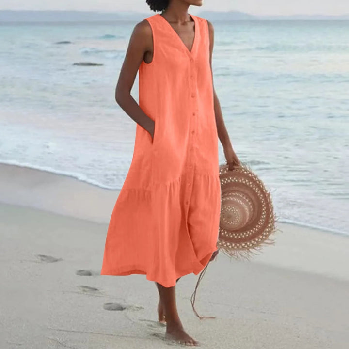 Elegant women's V-neck linen summer midi dress. Flowy, comfortable, and stylish for versatile wear.