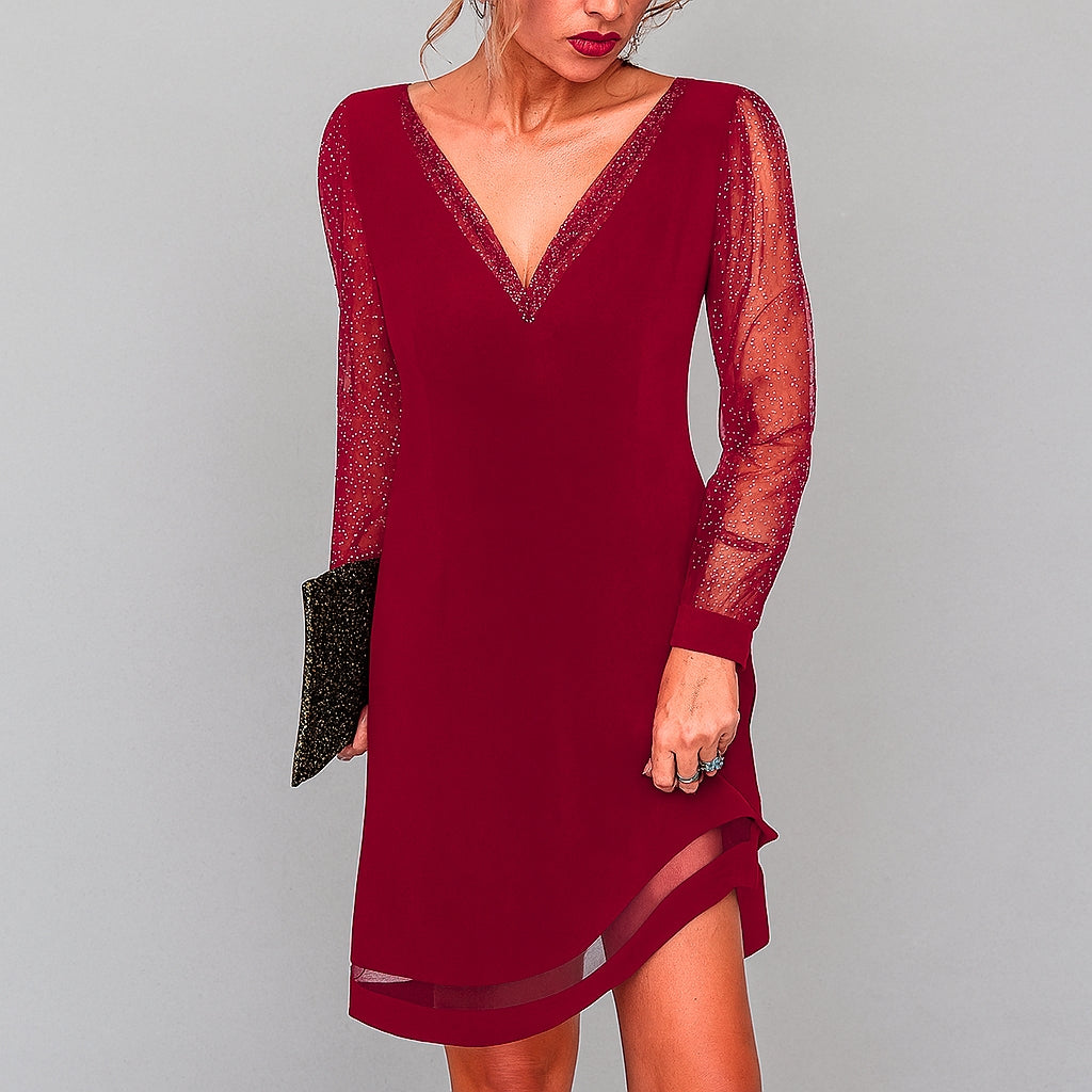 Women's V-neck long sleeve midi evening dress with glitter, perfect for parties, wedding guests & special occasions.