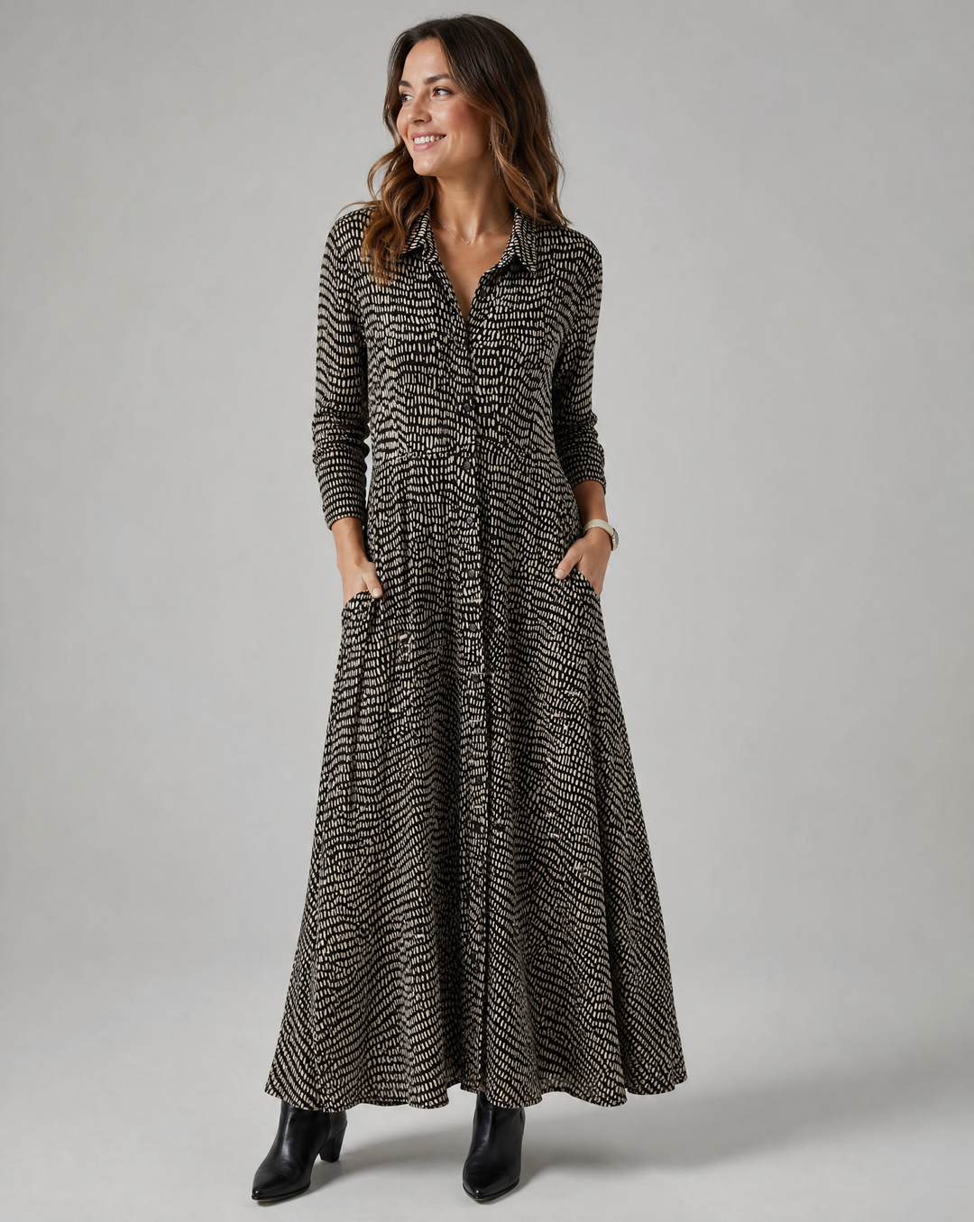 Women's V-neck relaxed fit maxi shirt dress, perfect for comfortable everyday style or elegant summer fashion.