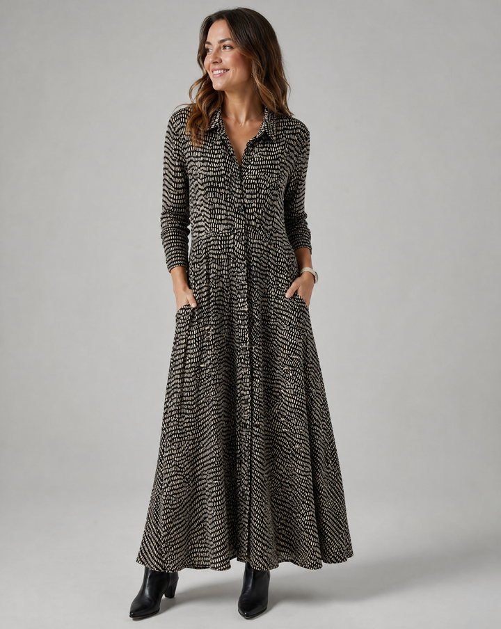 Women's V-neck relaxed fit maxi shirt dress, perfect for comfortable everyday style or elegant summer fashion.