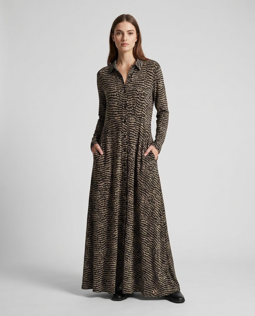 Flowy V-neck maxi shirt dress for women, ideal for relaxed comfort and elegant casual summer fashion.