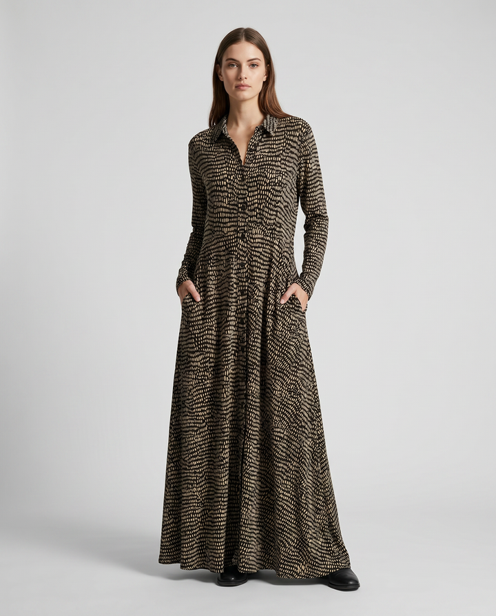 Flowy V-neck maxi shirt dress for women, ideal for relaxed comfort and elegant casual summer fashion.