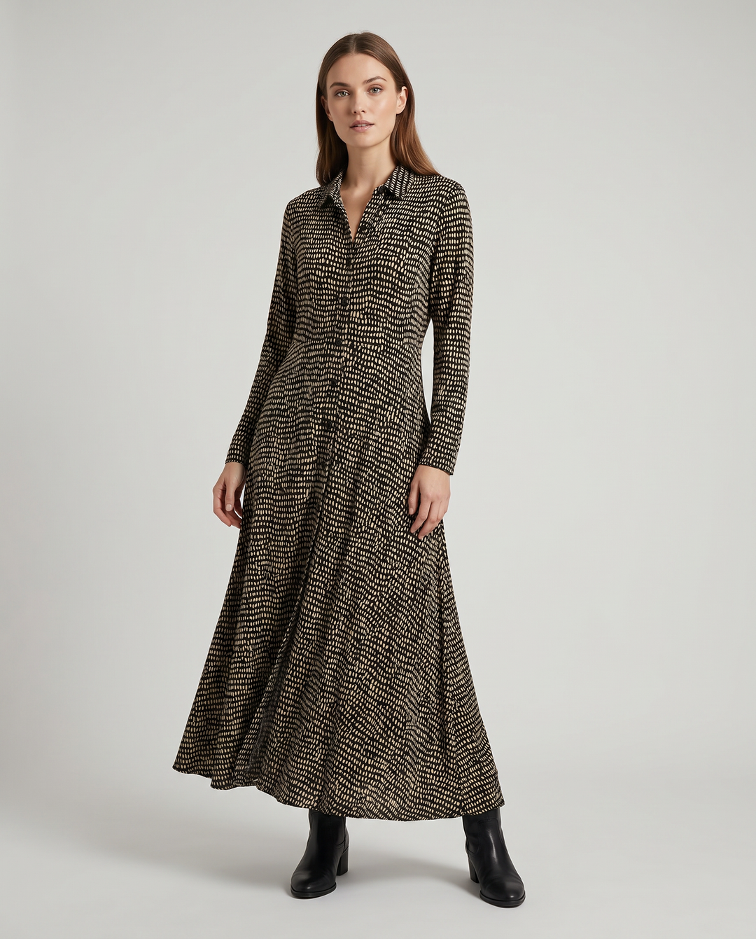 Stylish women's V-neck long shirt dress, a relaxed fit maxi for versatile casual and elegant everyday wear.