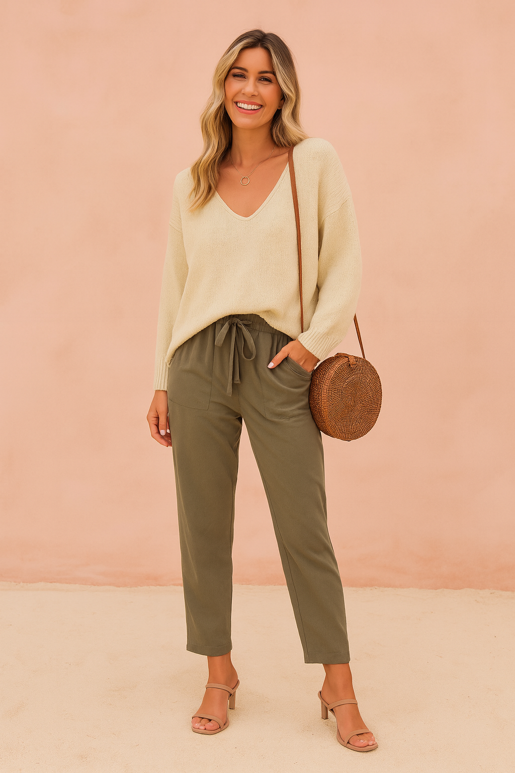 Comfortable V-neck women's sweater, relaxed fit, long sleeve casual top for effortless chic style.