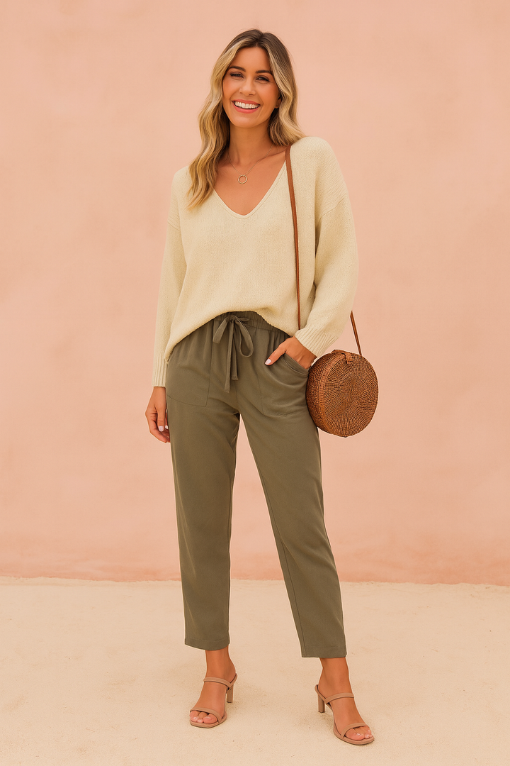 Comfortable V-neck women's sweater, relaxed fit, long sleeve casual top for effortless chic style.