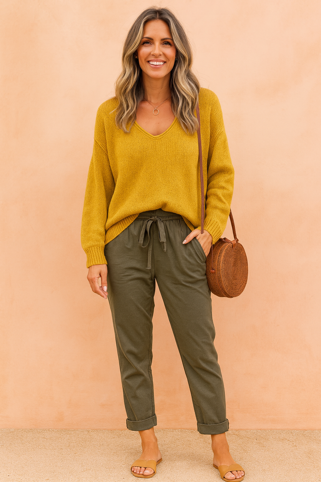Versatile women's V-neck sweater, relaxed fit, long sleeve pullover, ideal for everyday comfort.