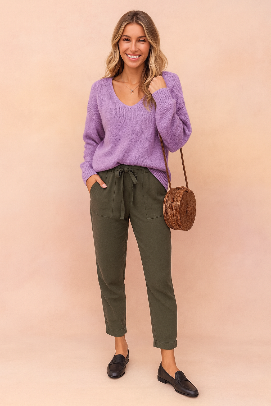 Stylish women's V-neck pullover sweater, relaxed fit & long sleeves, great for winter fashion.