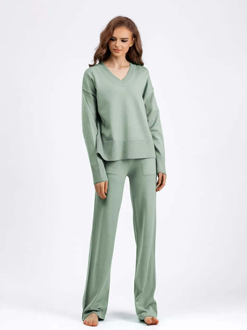 Stylish women's matching set: V-neck sweater and wide-leg trousers, perfect for any season.