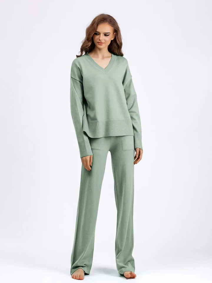 Stylish women's matching set: V-neck sweater and wide-leg trousers, perfect for any season.