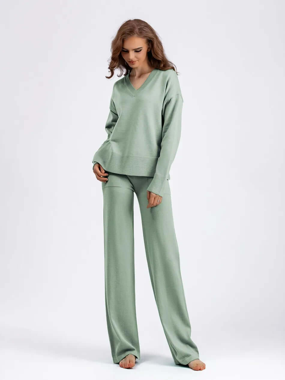 Comfortable spandex blend women's two-piece set. V-neck sweater & wide-leg pants for daily wear.