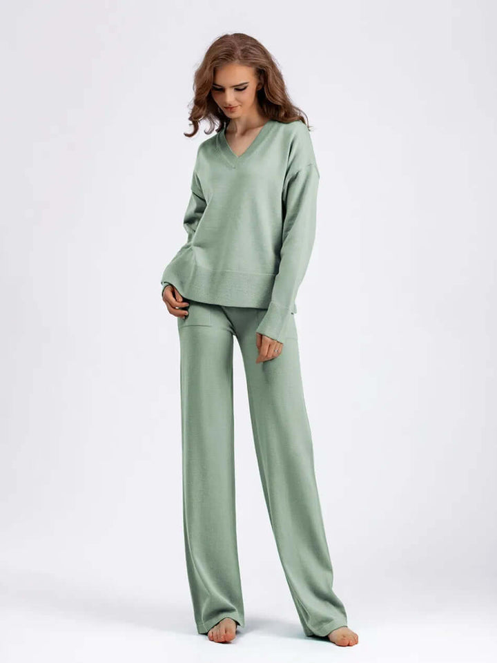 Comfortable spandex blend women's two-piece set. V-neck sweater & wide-leg pants for daily wear.