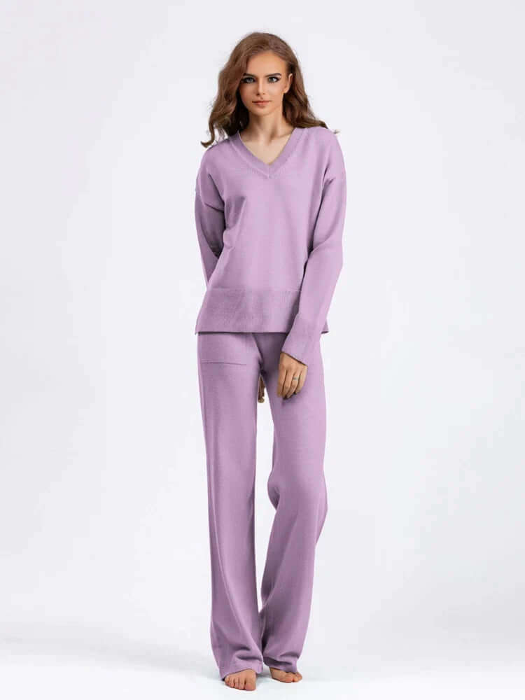 Women's V-Neck Sweater & Wide-Leg Trousers. A versatile two-piece outfit for relaxed elegance.