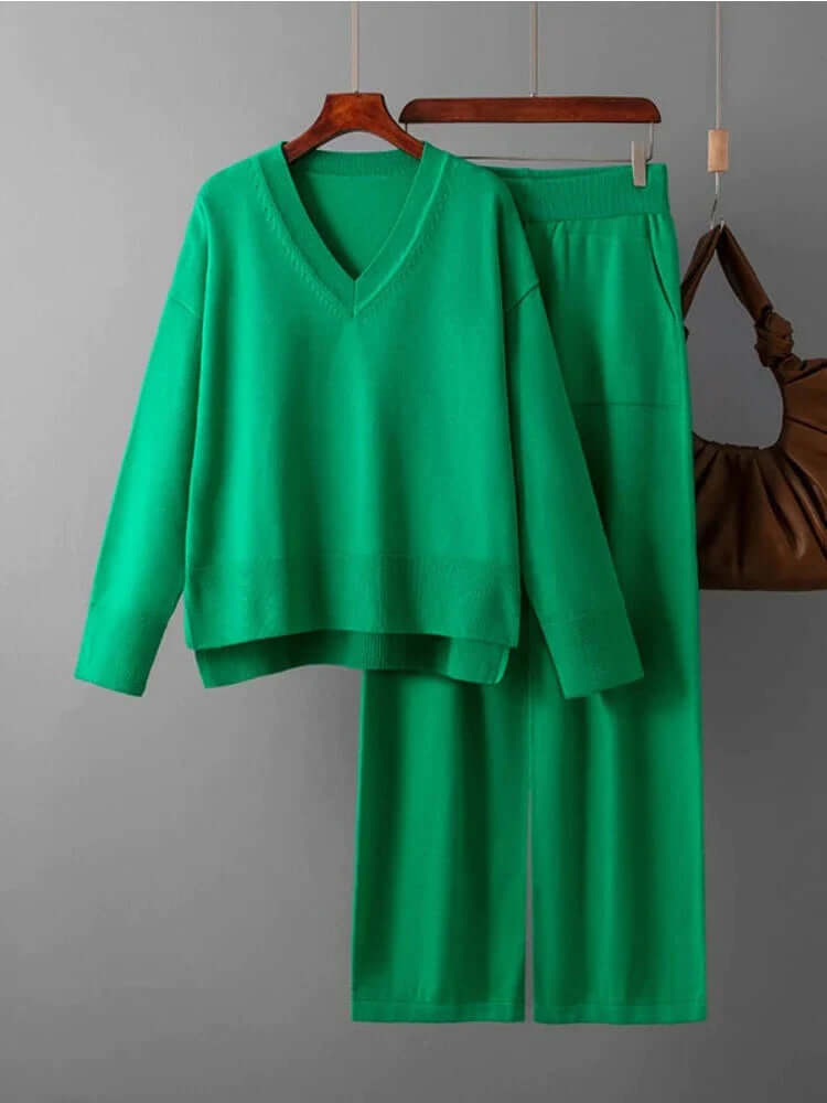 Chic women's two-piece set: Relaxed fit v-neck sweater & wide-leg trousers. Spandex blend comfort.